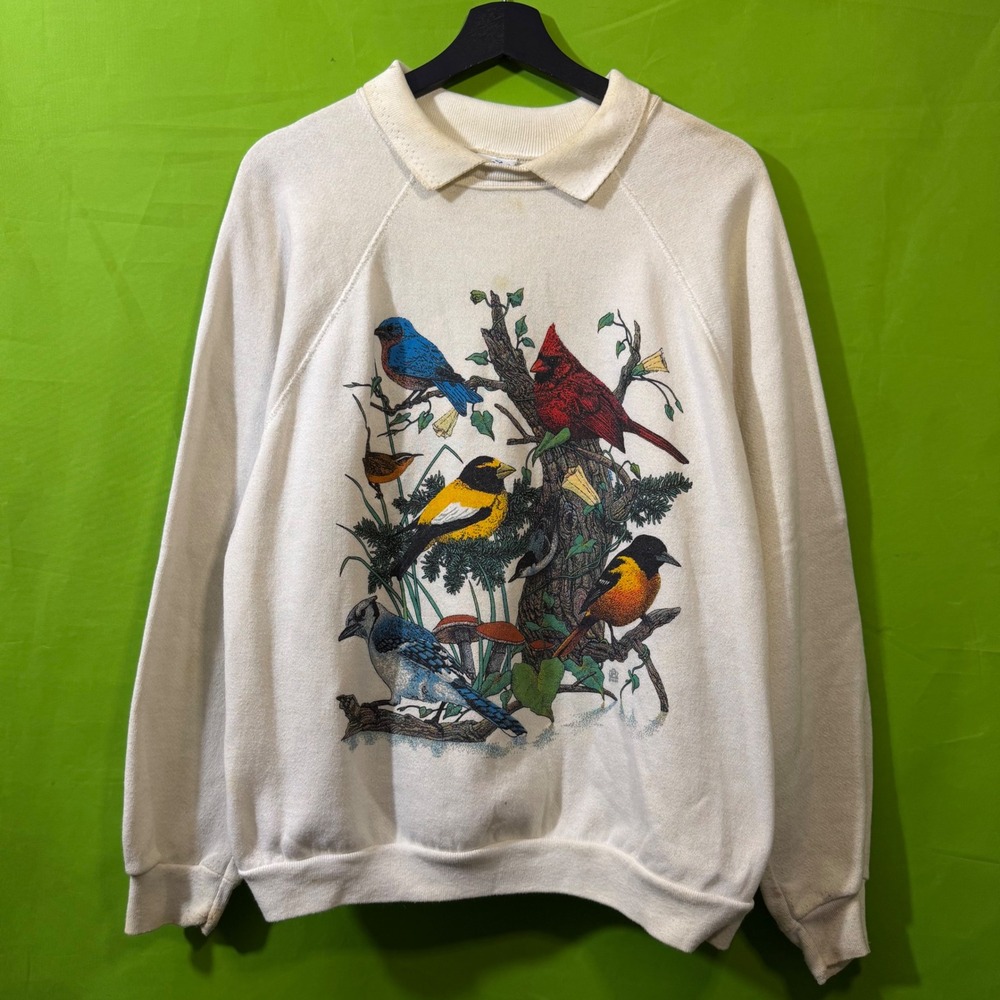 Vintage 80s Sportswear Bird Graphic Sweatshirt Large Cream Polo Collar USA
